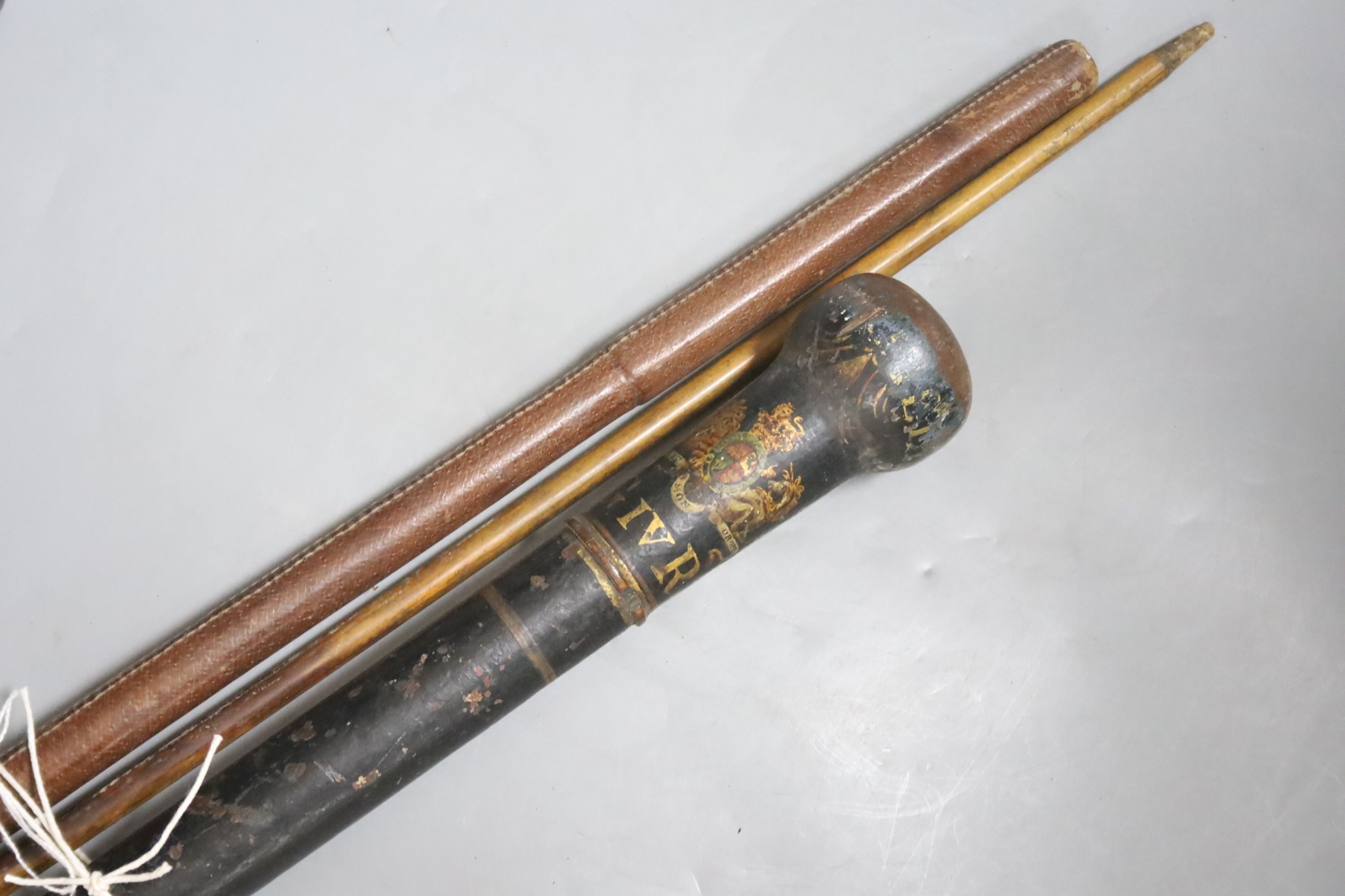 A George IV painted truncheon and a later tip staff both marked “Broomfield”, together with two other tip staffs.